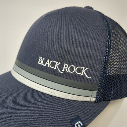 Black Rock Snapback Mesh Back Trucker Hat Blue Striped OSFA Cotton Blend Logo