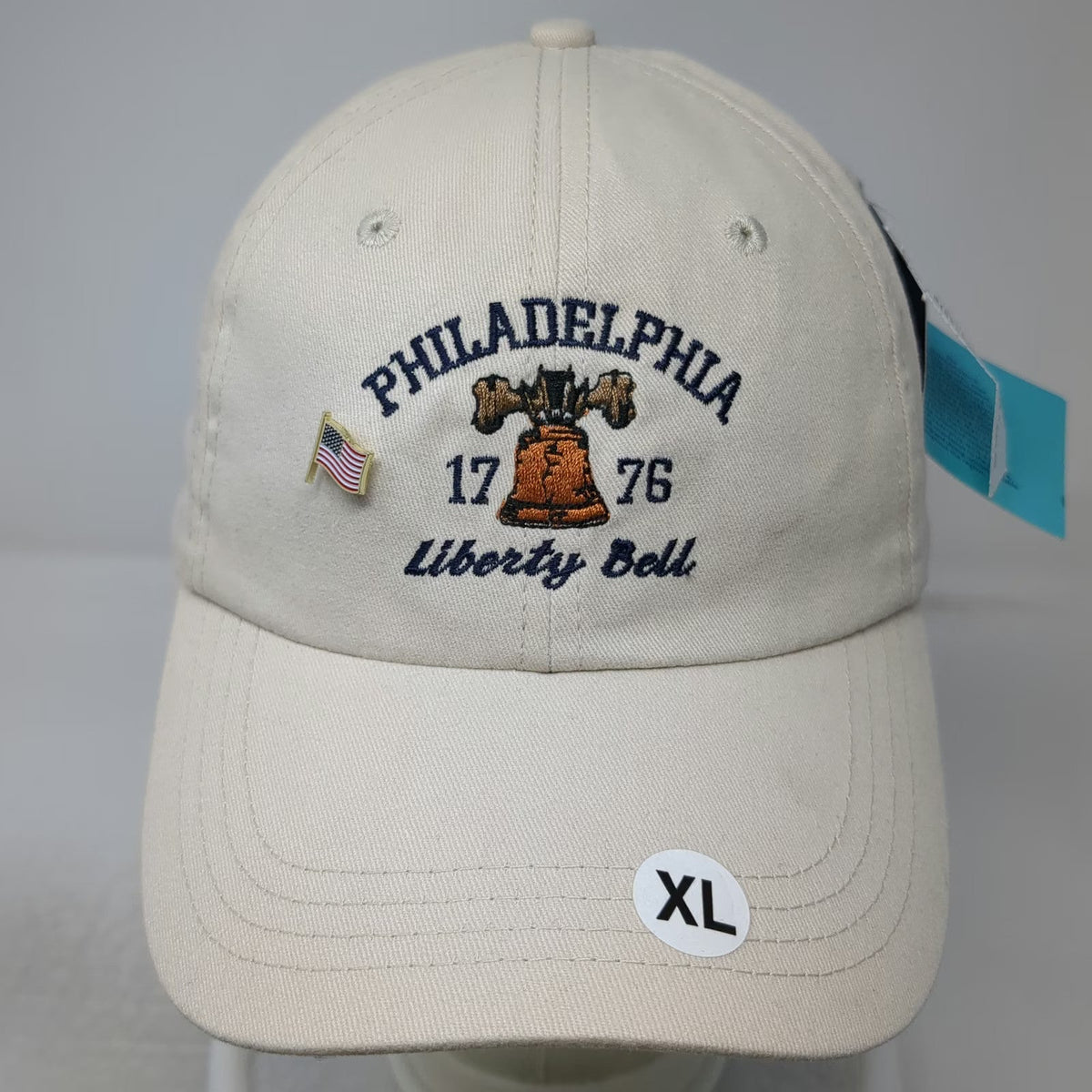 Philadelphia Liberty Bell 1776 Flag Pin Beige Baseball Cap XL Hat Cotton Strap