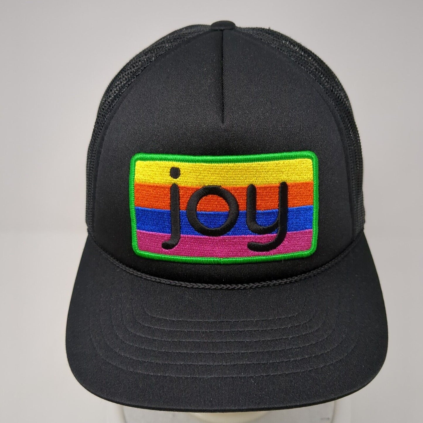 Joy Striped Patch Snapback Trucker Hat Black One Size Solid Mesh Back