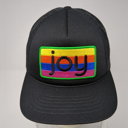 Joy Striped Patch Snapback Trucker Hat Black One Size Solid Mesh Back