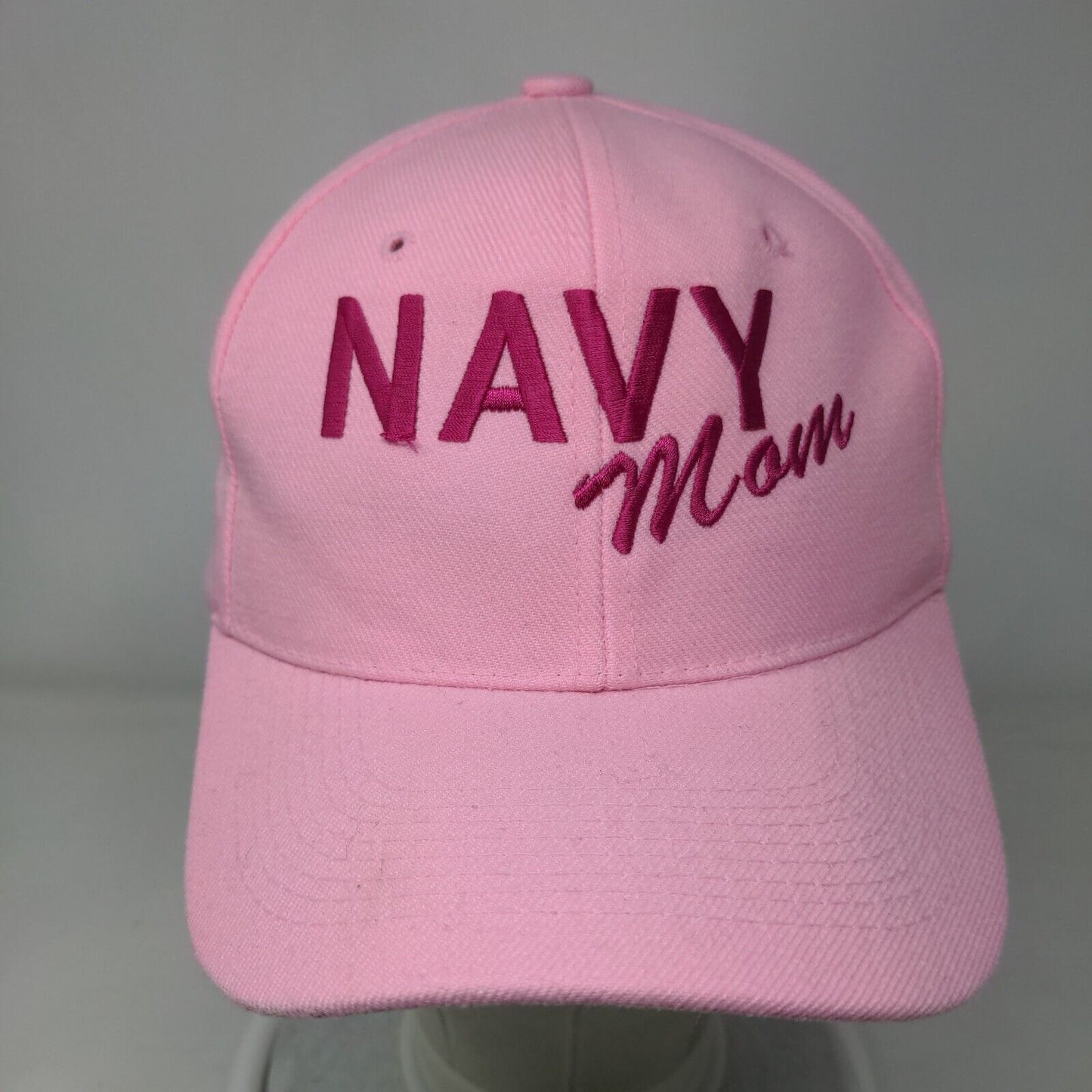 Navy Mom Strapback Hat Pink One Size Adjustable Embroidered Vented Holes 6 Panel