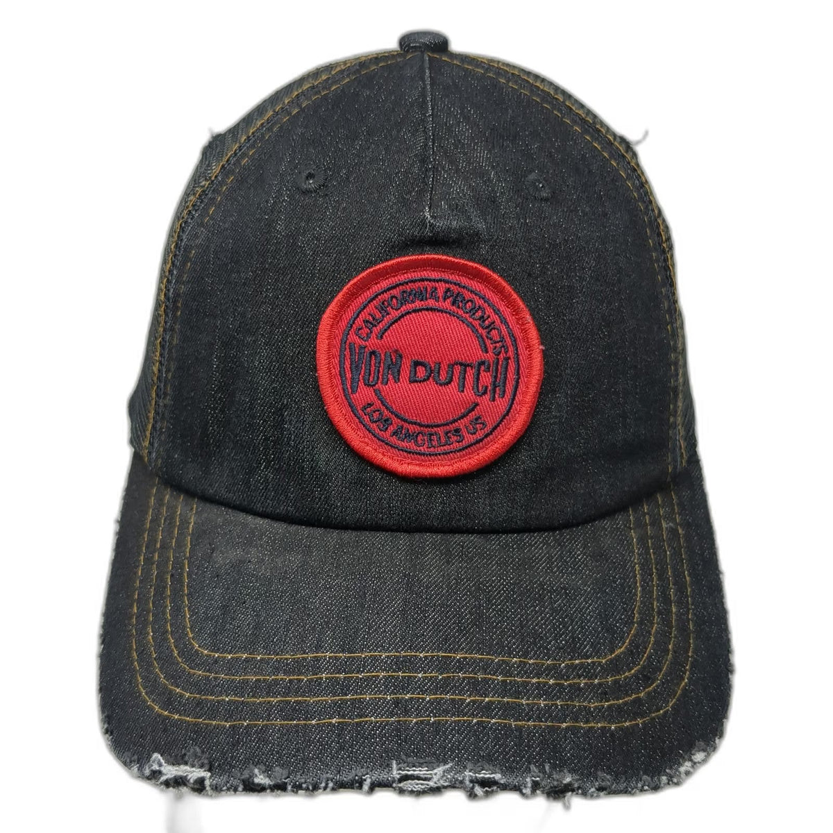 Von Dutch Trucker Hat Black One Size Distressed Denim Patch Snapback Mesh