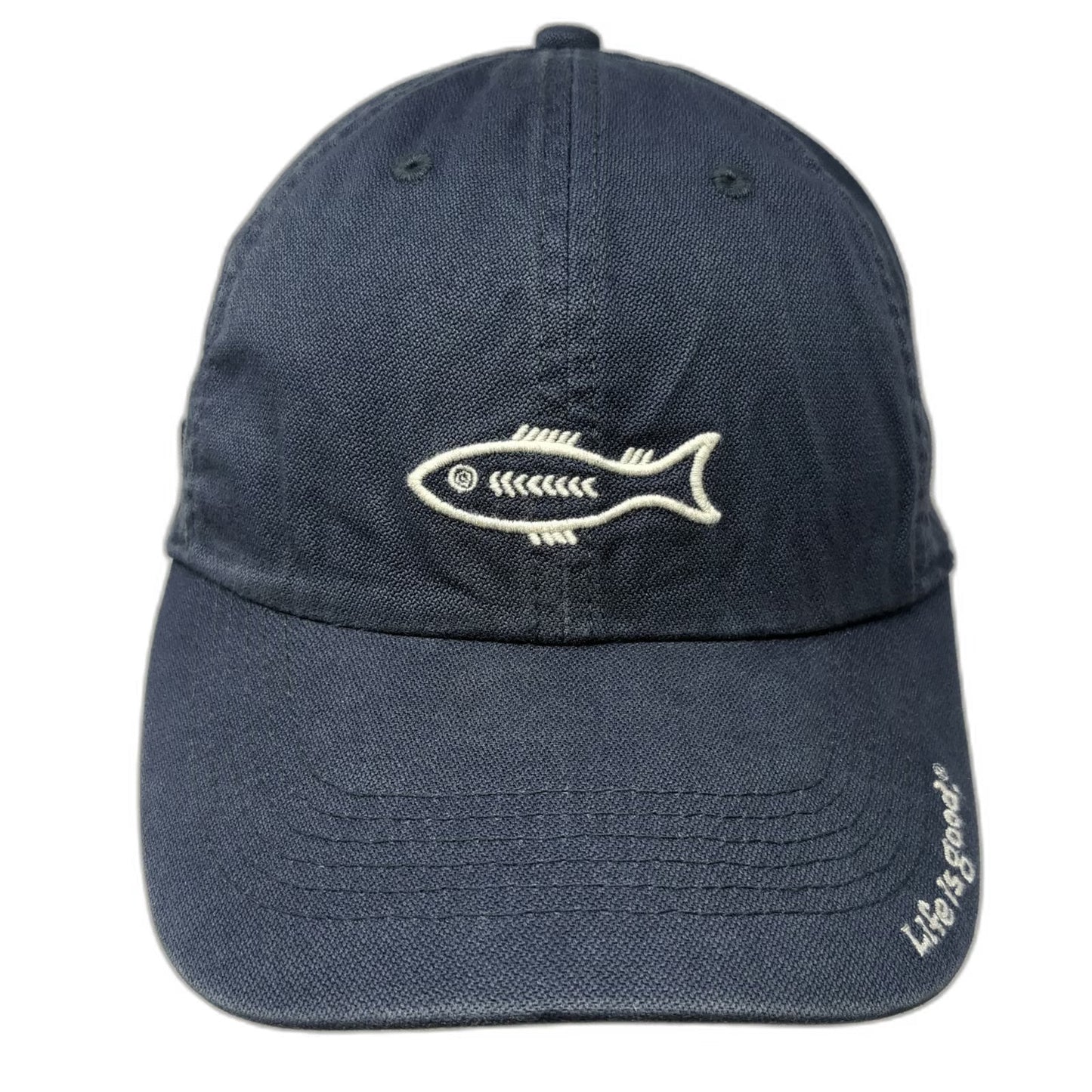 Life is Good Baseball Cap Blue One Size Fish Skeleton Embroidered Strapback Hat