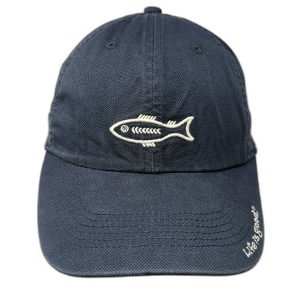 Life is Good Baseball Cap Blue One Size Fish Skeleton Embroidered Strapback Hat