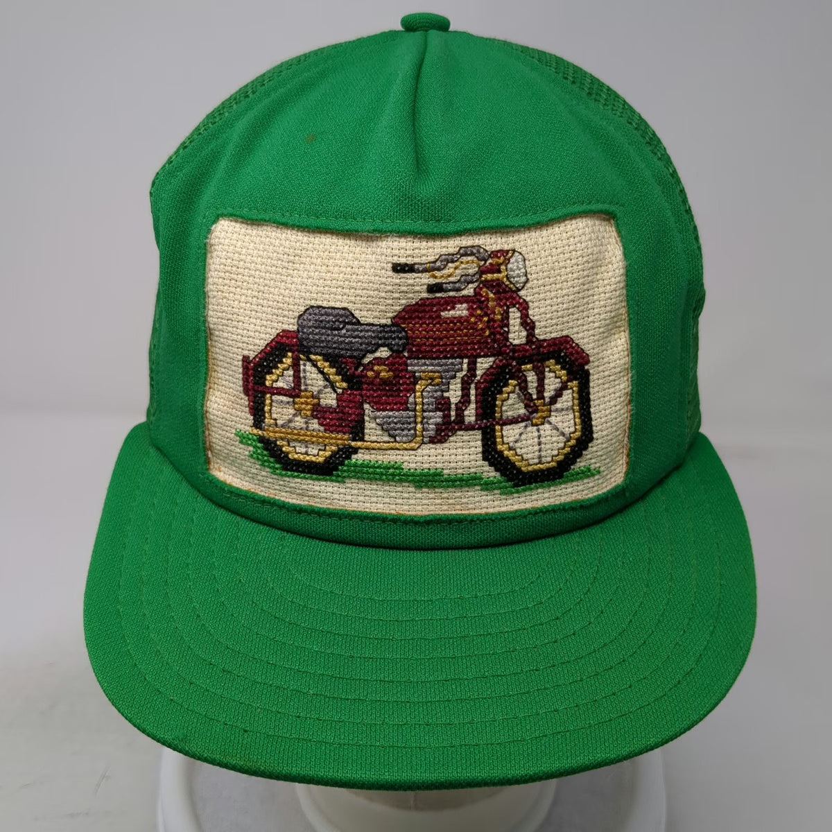 Seebo's Creations Trucker Hat Green Motorcycle Needlepoint Patch USA Vintage