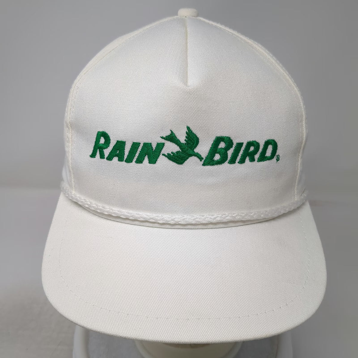 K-Brand 5 Panel White One Size Rain Bird Irrigation Logo Rope Slideback Hat USA