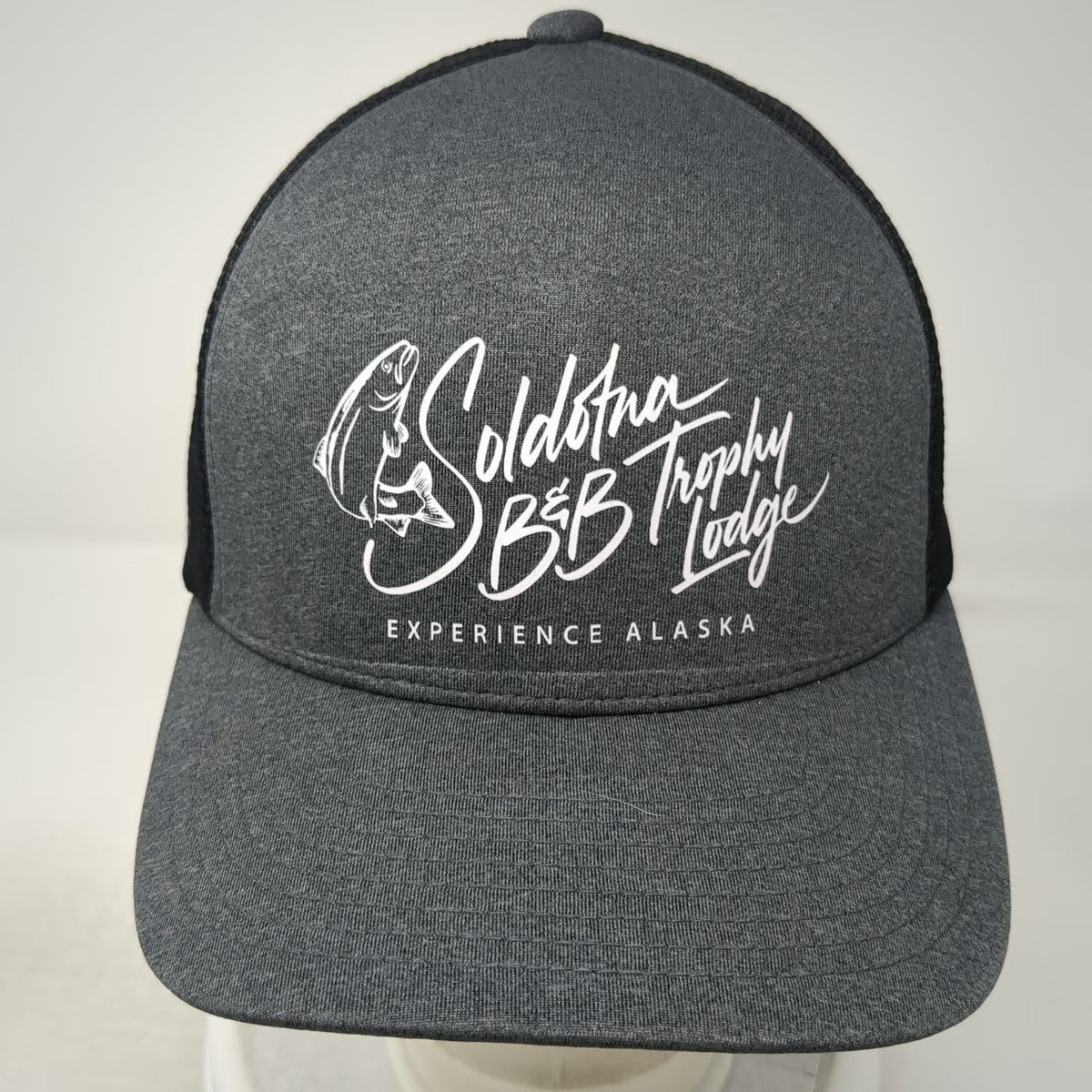 Flexfit Baseball Cap Gray XL Soldotna Trophy Lodge Alaska Fishing Mesh Hat