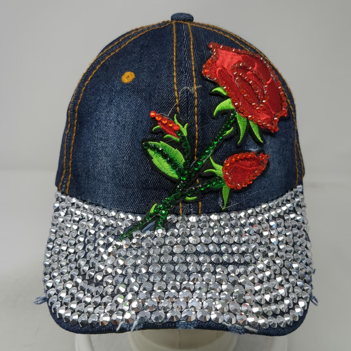 Baseball Cap Blue One Size Rhinestone Brim Rose Embroidery Denim Slideback Hat