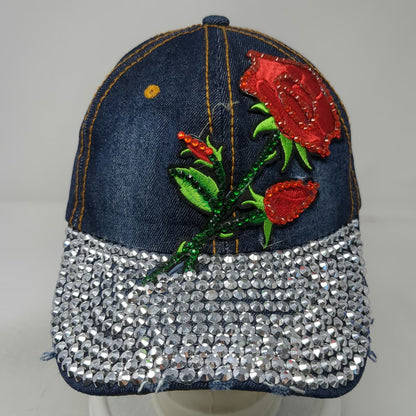 Baseball Cap Blue One Size Rhinestone Brim Rose Embroidery Denim Slideback Hat