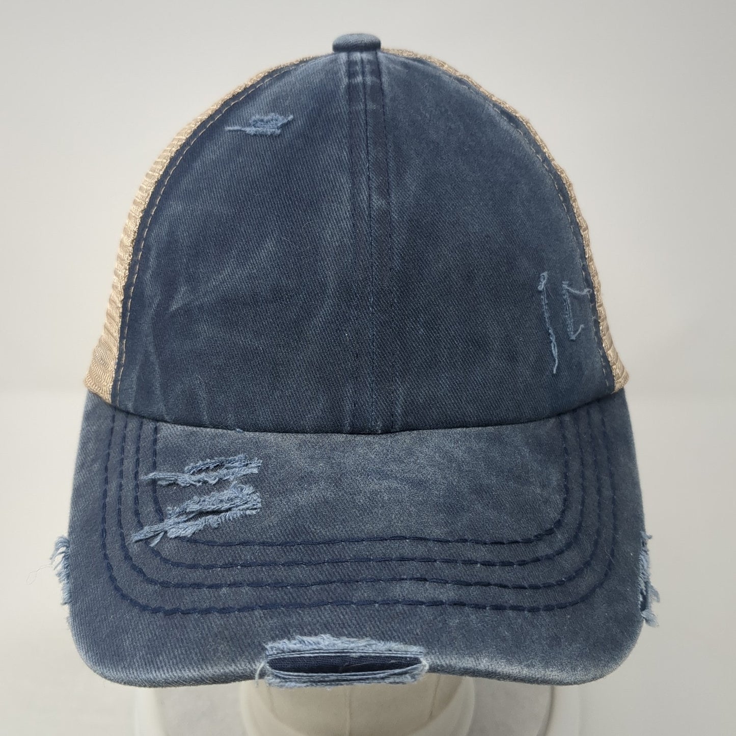 C.C Ponytail Trucker Hat Multicolor One Size Adjustable Distressed Mesh Back