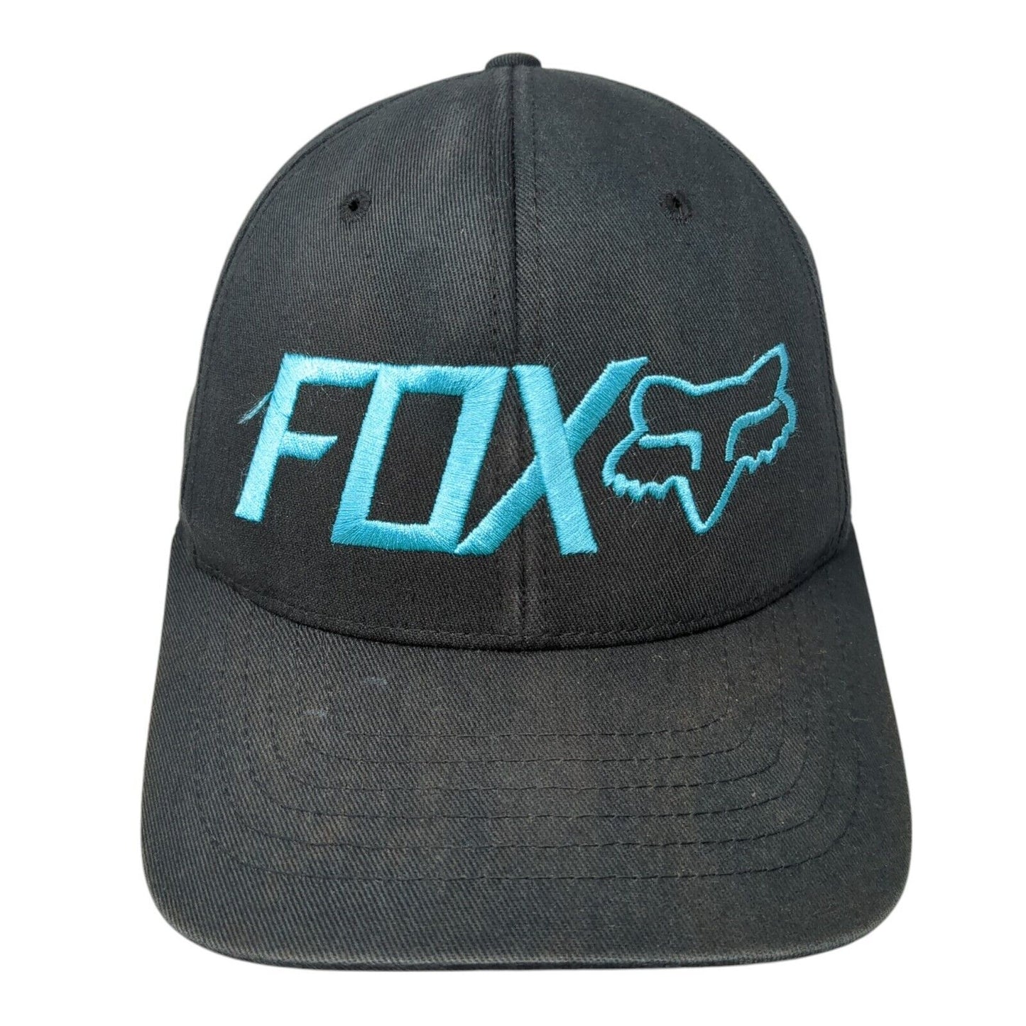 FOX Fitted Hat Black S/M Flexfit Lightweight Embroidered Vented Holes 6 Panel