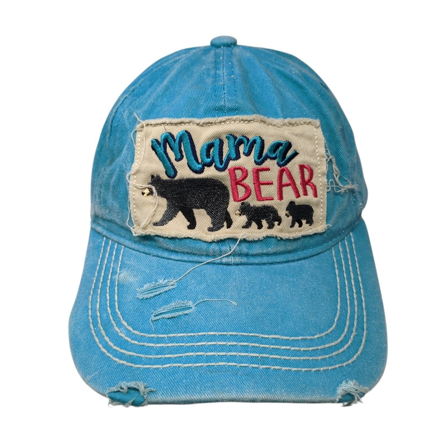 Mama Bear Strapback Hat Blue One Size Adjustable Embroidered Distressed