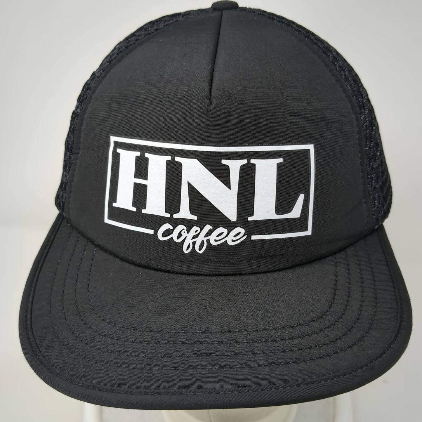 Black 5 Panel One Size Hat HNL Coffee Mesh Back Strapback Buckle Closure Logo