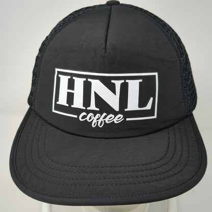 Black 5 Panel One Size Hat HNL Coffee Mesh Back Strapback Buckle Closure Logo