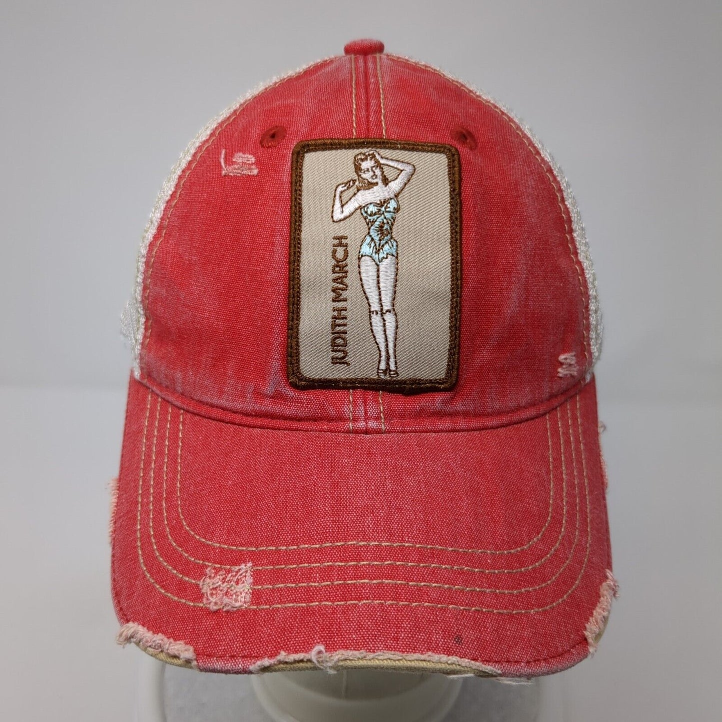 Judith March Snapback Trucker Hat Red One Size Adjustable Mesh Back Distressed