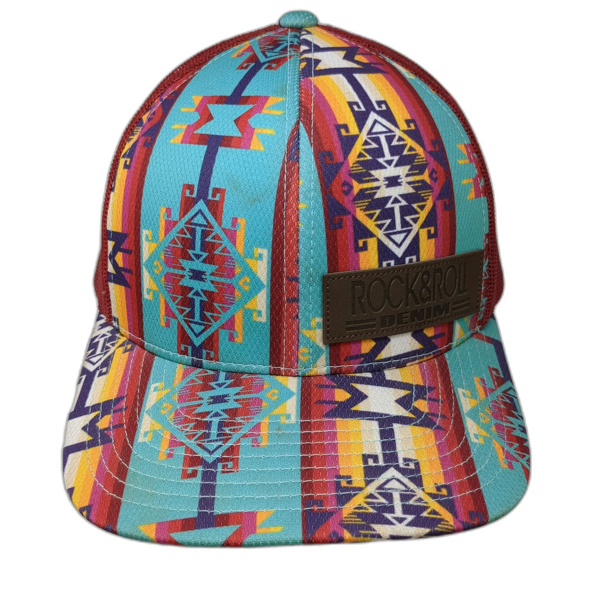 Rock & Roll Denim Blue Trucker Hat One Size Southwestern Aztec Pattern Mesh