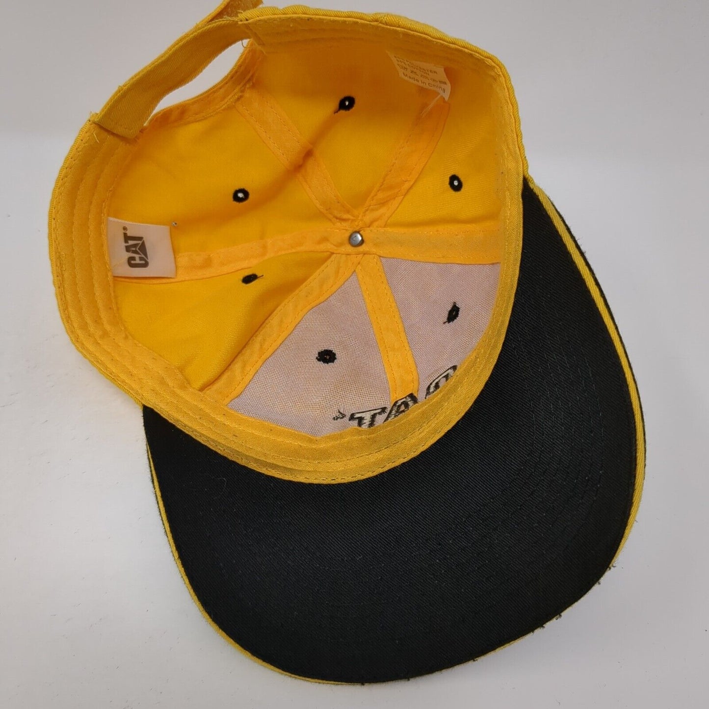 CAT Strapback Hat Yellow One Size Adjustable Embroidered Vented Holes 6 Panel