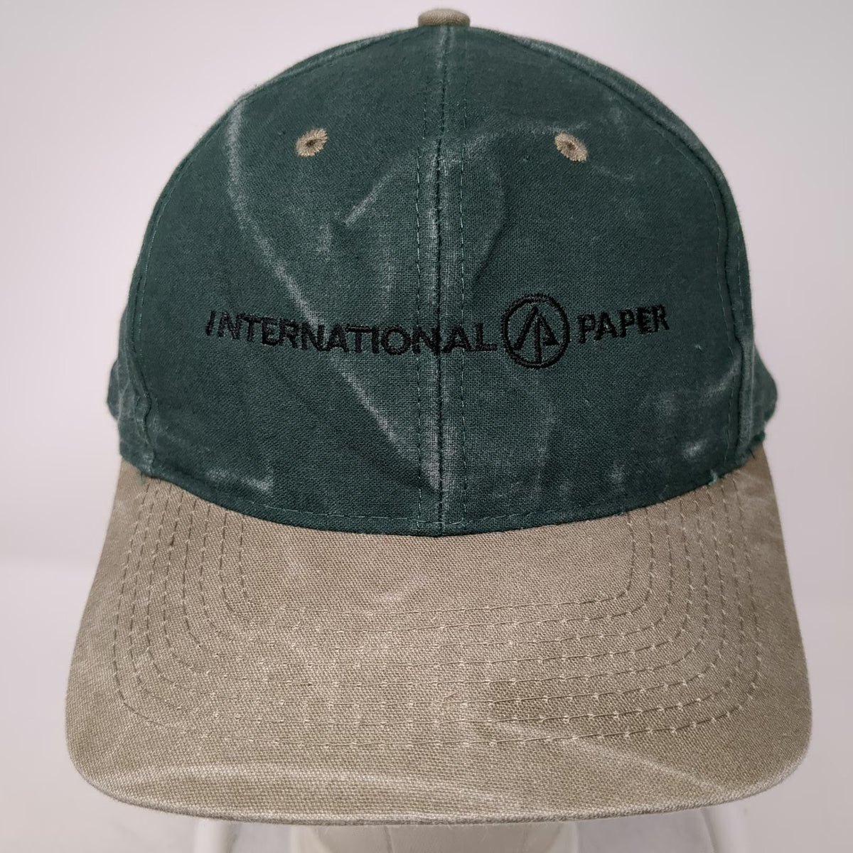 Kati 5 Panel Green Beige One Size International Paper Logo Slideback Hat Canvas