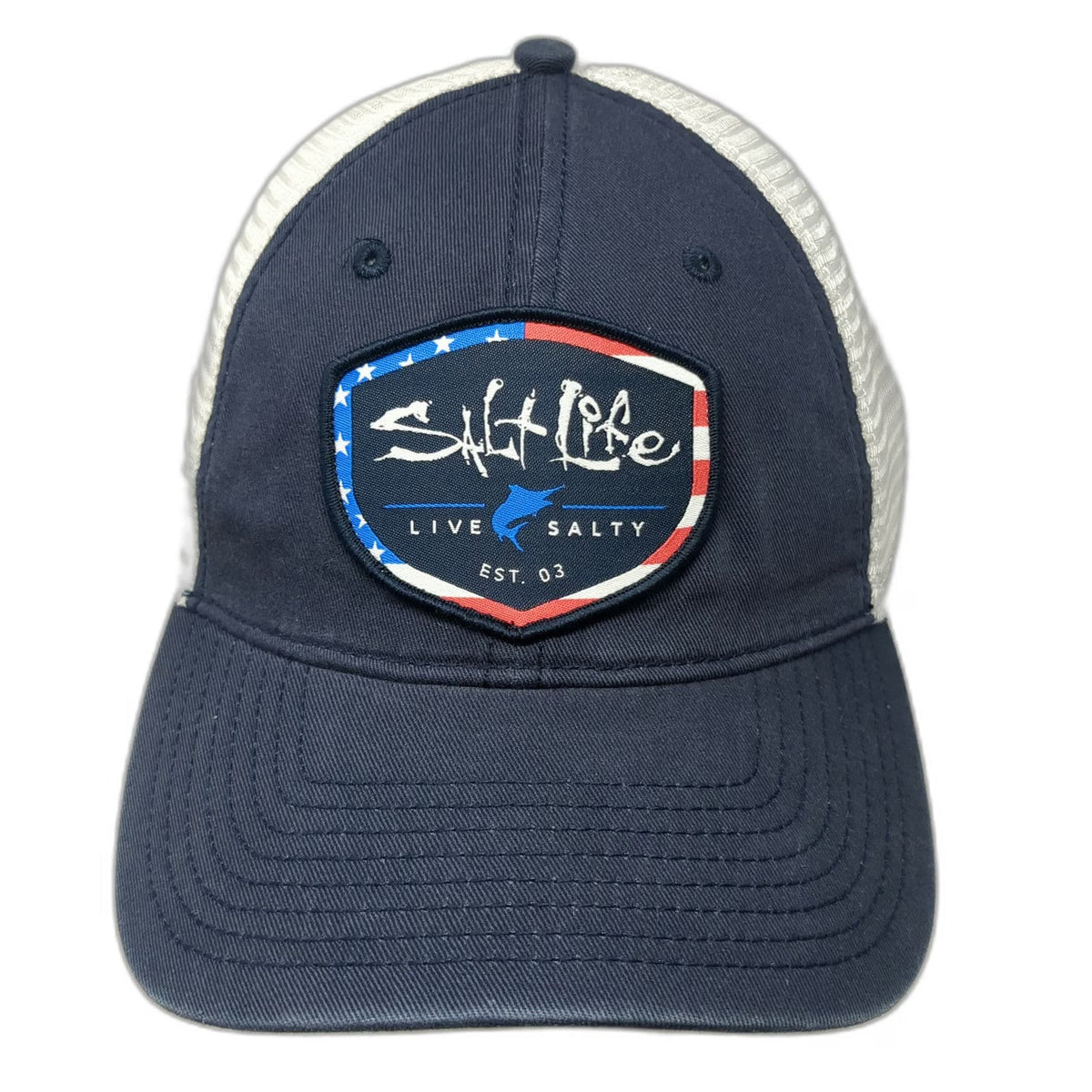 Salt Life Trucker Hat Blue One Size American Flag Mesh Snapback Fish Logo Shield