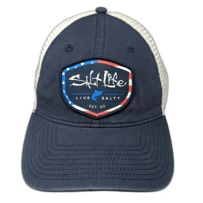 Salt Life Trucker Hat Blue One Size American Flag Mesh Snapback Fish Logo Shield