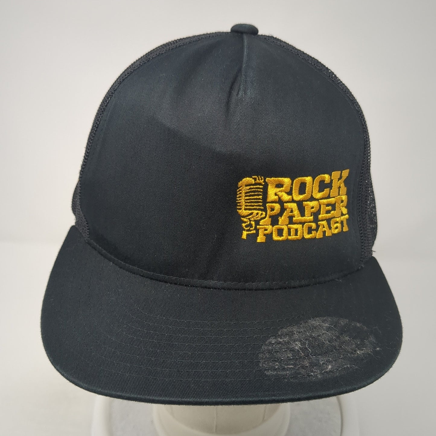 Rock Paper Podcast Snapback Trucker Hat Black One Size Mesh Back Yupoong