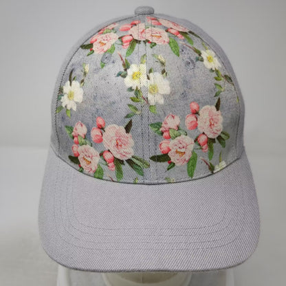 Gray Pink Floral Flower Pattern Studded Back Adjustable Baseball Cap Hat OS