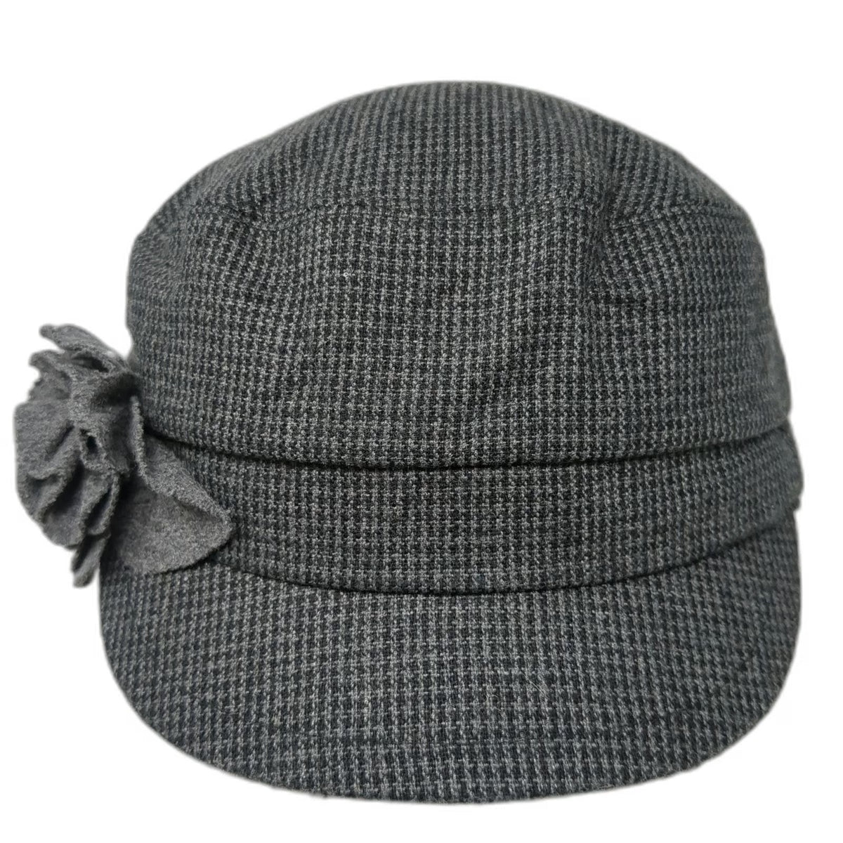 deLux Army Cap Gray One Size Flower Accent Micro Houndstooth Tweed Hat