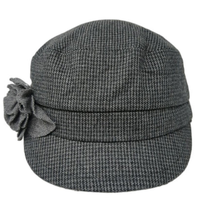 deLux Army Cap Gray One Size Flower Accent Micro Houndstooth Tweed Hat