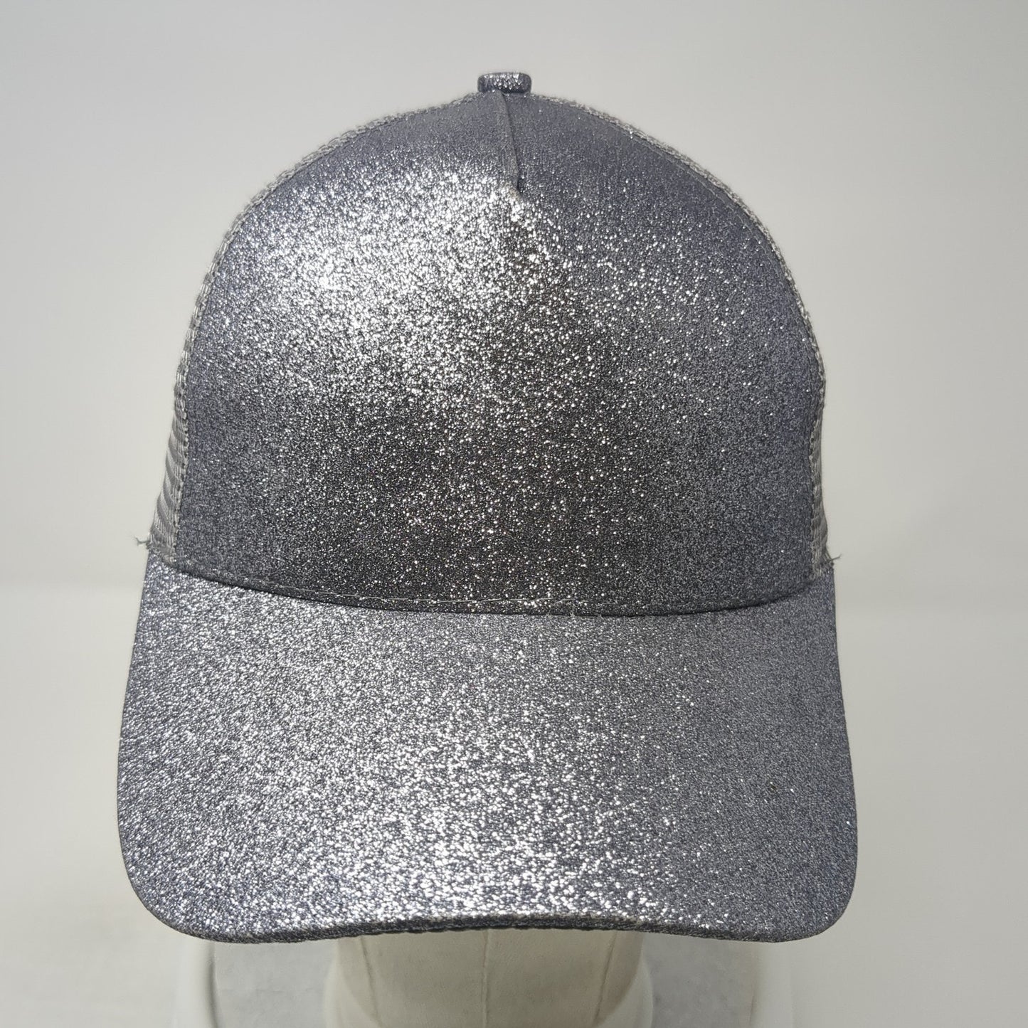 Glitter Ponytail Trucker Hat Gray OS Adjustable Lightweight Mesh Back Blank