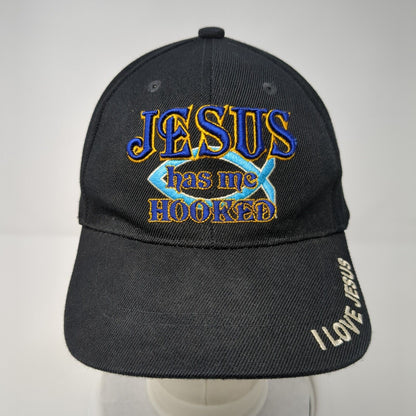 Jesus Has Me Hooked Strapback Hat Black One Size Embroidered 6 Panel
