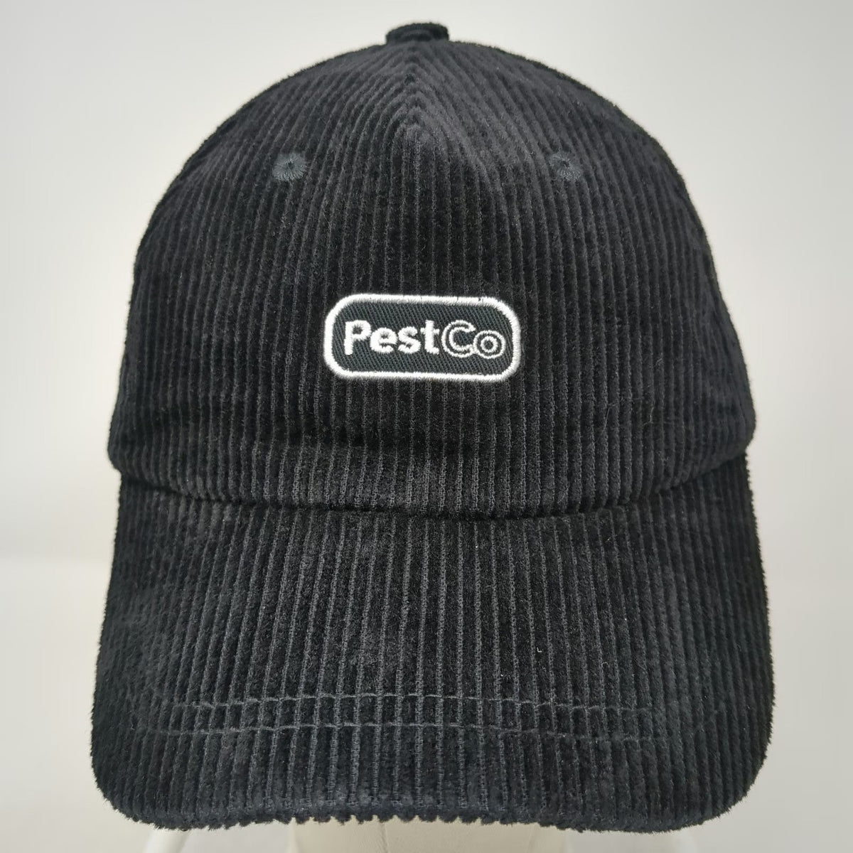 Unie 5 Panel Black Hat One Size Corduroy PestCo Logo Embroidered Slideback