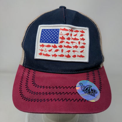 Wild Wear Fish American Flag Patch Snapback Trucker Hat Multi OSFM Mesh Back