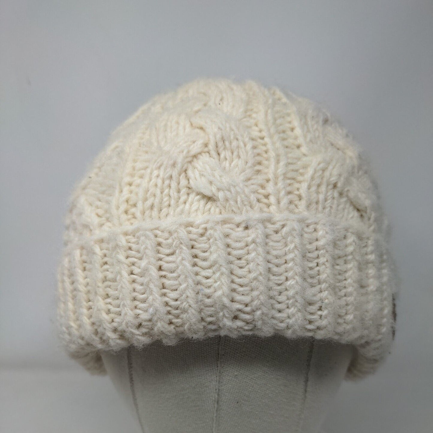 Aran Leather Patch Ribbed Cable Knit Pom Pom Beanie Hat Cream One Size