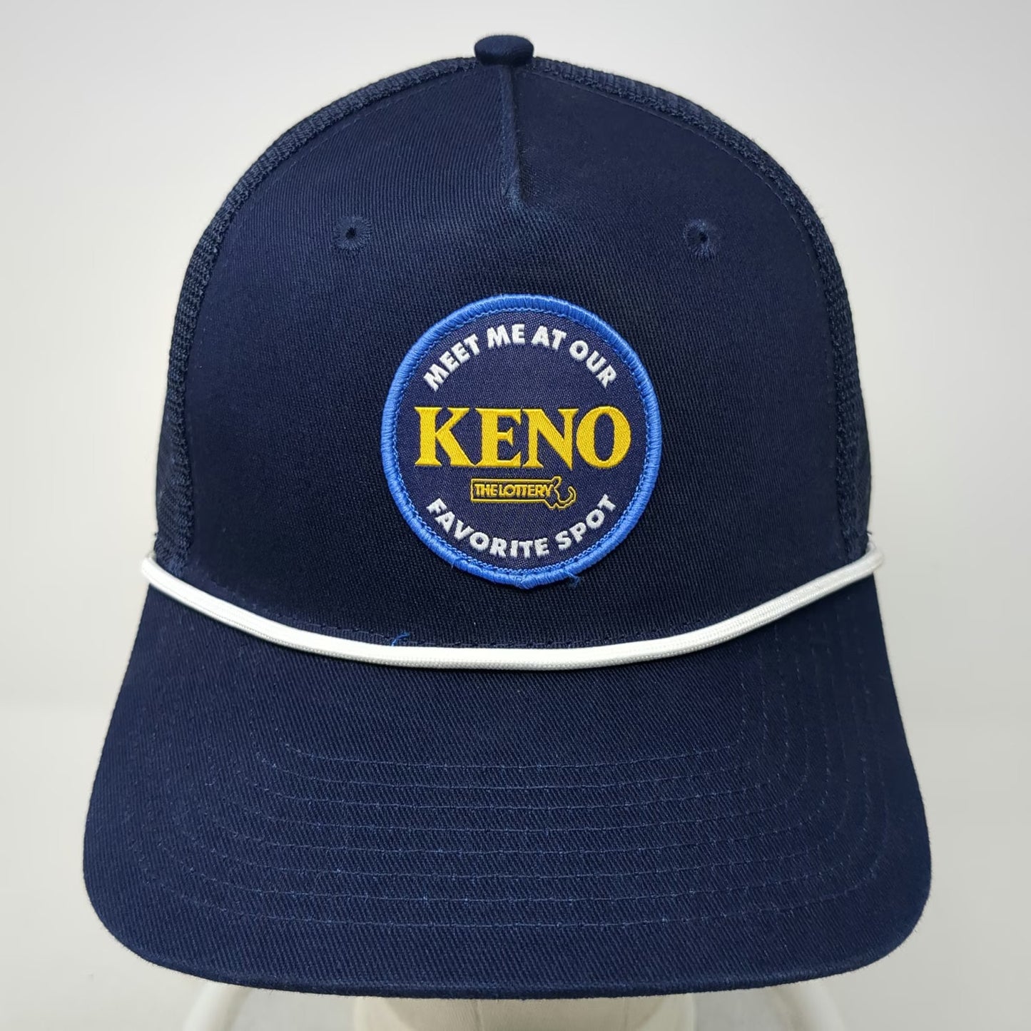 Blue Trucker Hat One Size Mesh Snapback Rope Keno Lottery Massachusetts Patch