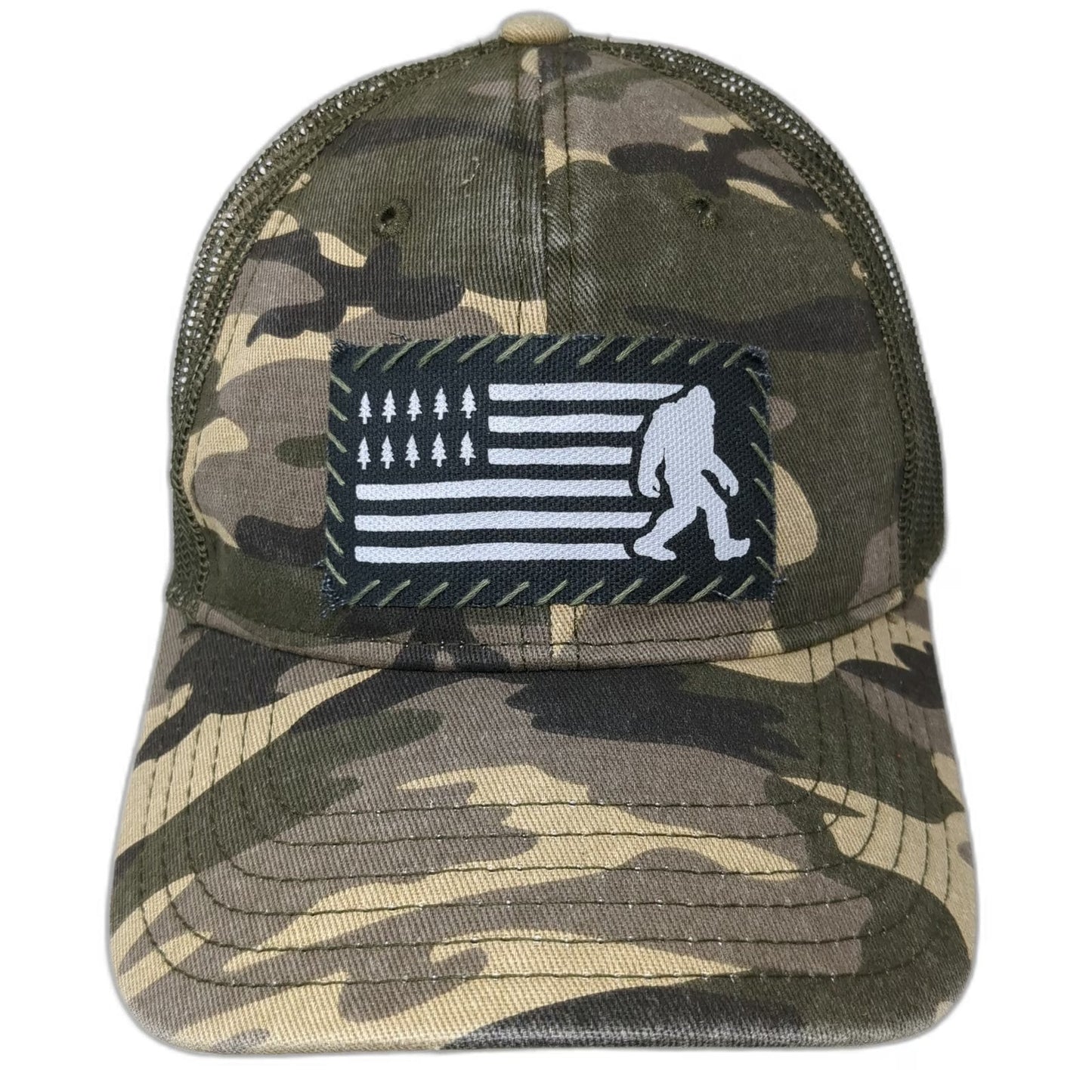 Symmetree Green Trucker Hat One Size Bigfoot American Flag Pine Tree Camo