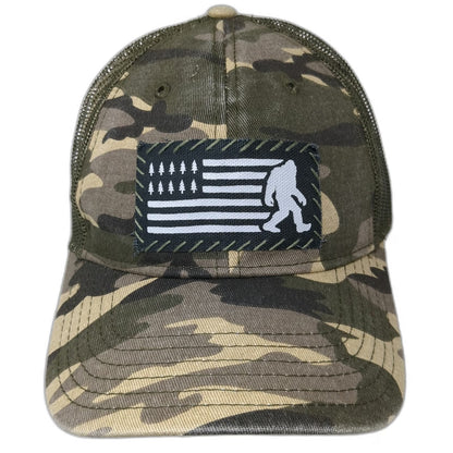 Symmetree Green Trucker Hat One Size Bigfoot American Flag Pine Tree Camo