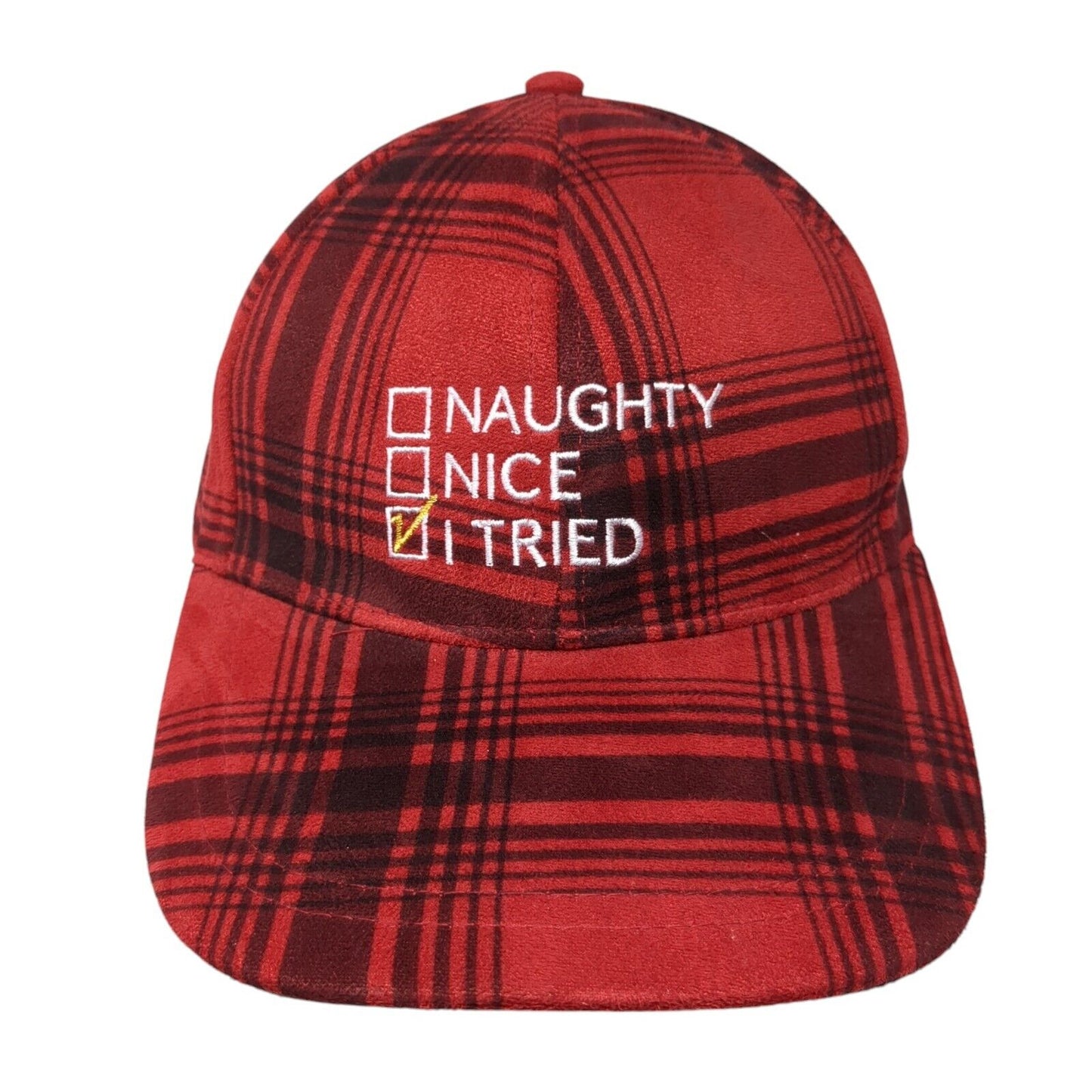 Naughty Nice I Tried Strapback Hat Red OS Adjustable Plaid 6 Panel Polyester