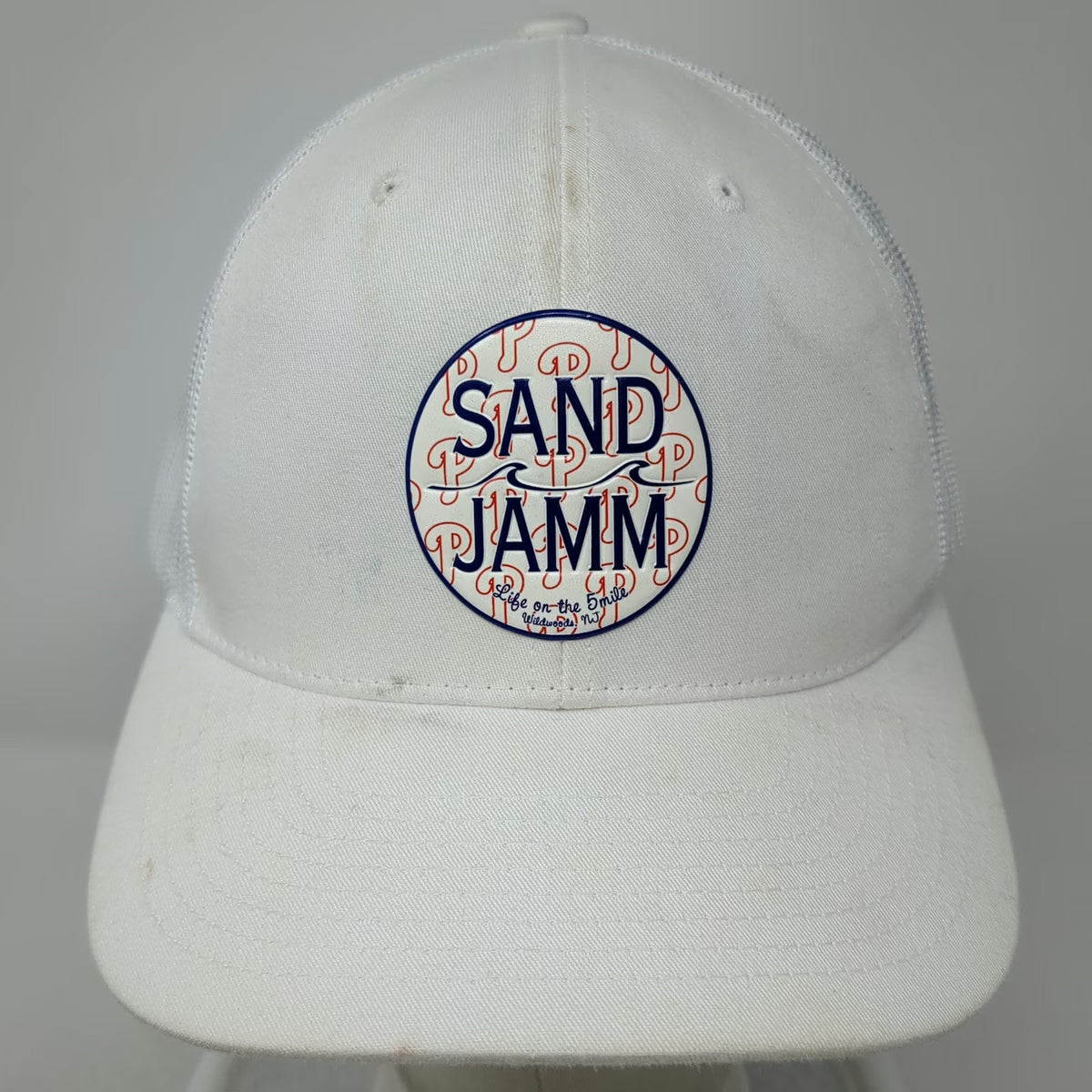 KBETHOS Trucker Hat White One Size Snapback Mesh Sand Jamm Wildwood NJ Graphic