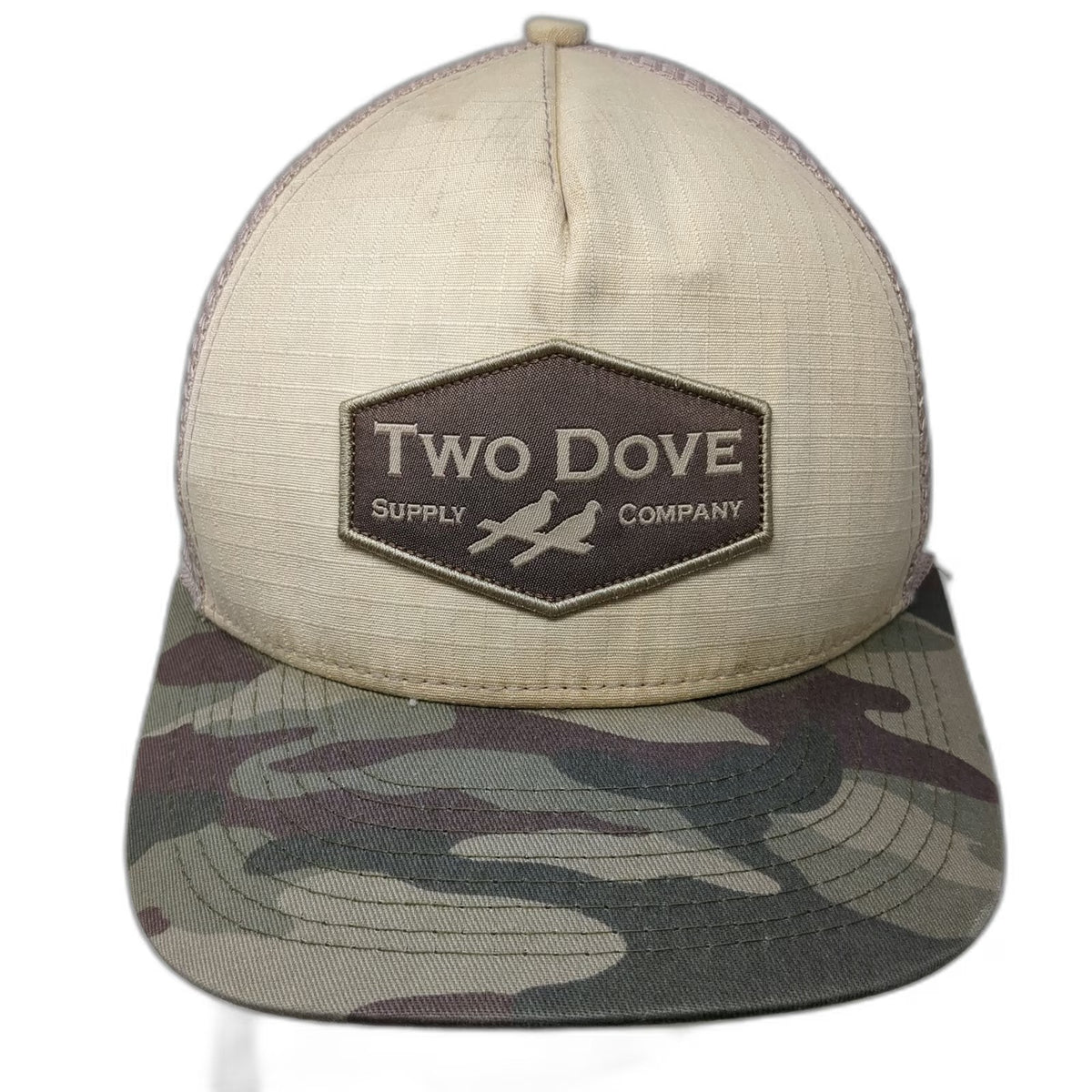 Two Dove Supply Company Trucker Hat Beige Camo One Size Mesh Snapback