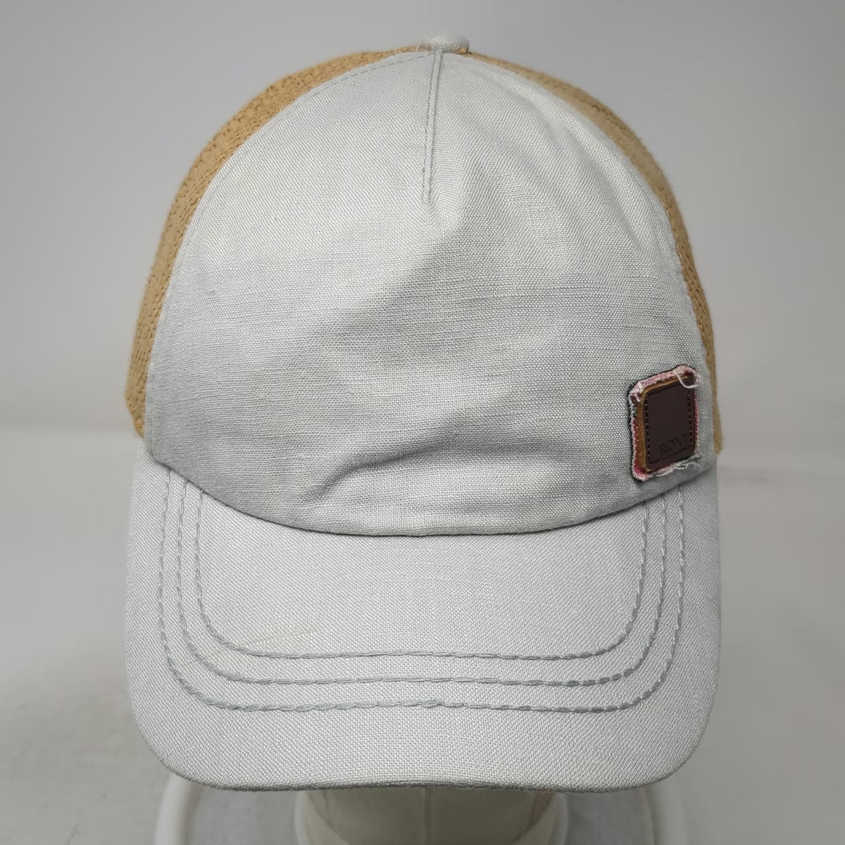 Roxy 5 Panel Gray Hat OSFM Woven Straw Back Floral Under Brim Strapback Patch