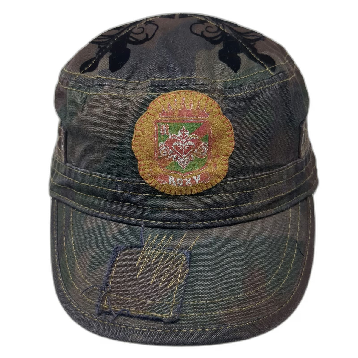 Roxy Army Cap Green Camo One Size Hat Distressed Crest Velvet Floral Heart