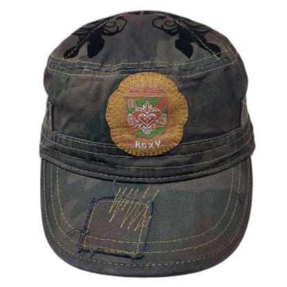 Roxy Army Cap Green Camo One Size Hat Distressed Crest Velvet Floral Heart