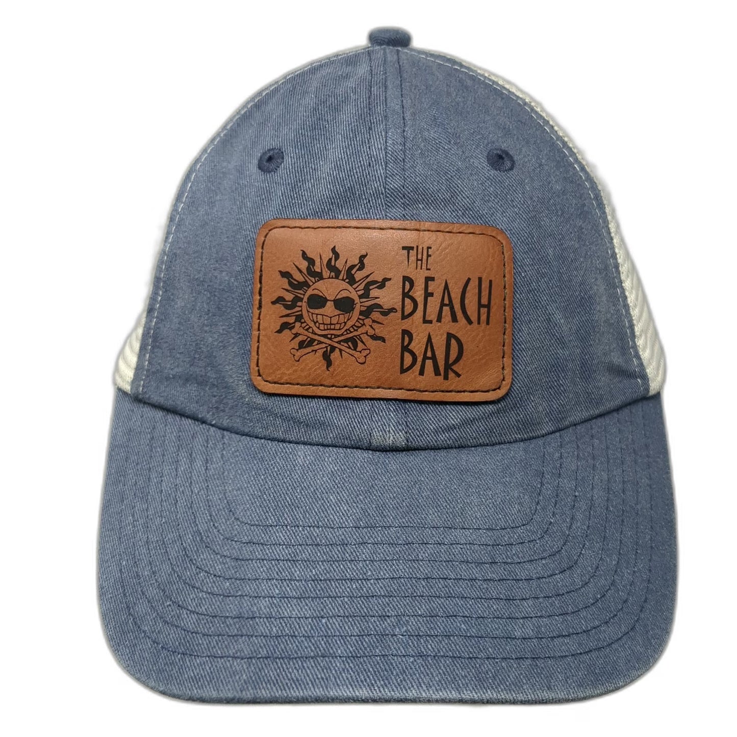 Sportsman Trucker Hat Blue White One Size Leather Patch Mesh St John USVI Bar