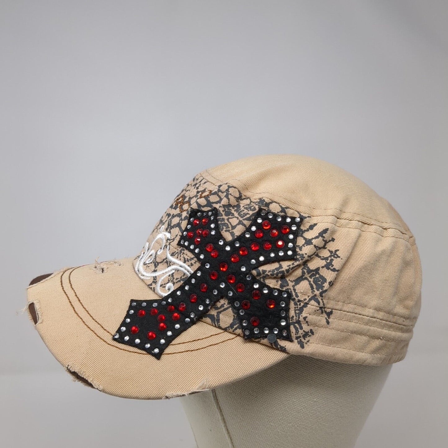 Rhinestone Cross Strapback Cadet Army Cap Tan OS Distressed National Cap & Sport