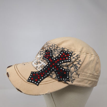 Rhinestone Cross Strapback Cadet Army Cap Tan OS Distressed National Cap & Sport