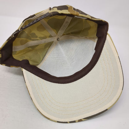 Cabela's 5 Panel Beige Duck Camo Snapback Cotton Flat Brim Script Hat Vintage