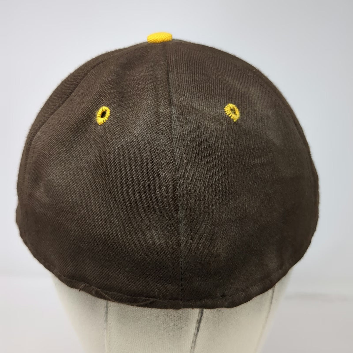 DeLONG Baseball Cap Brown Yellow White 7 1/2 Fitted Made in USA Letter V Hat
