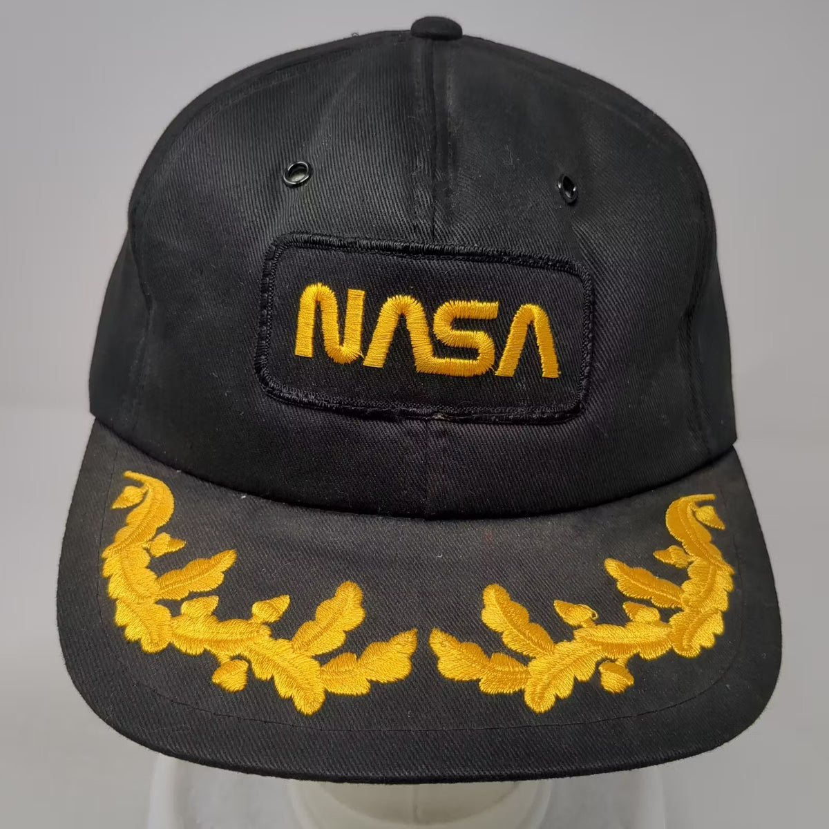Yupoong NASA Worm Logo Scrambled Eggs 5 Panel Hat Black Yellow Patch Vintage