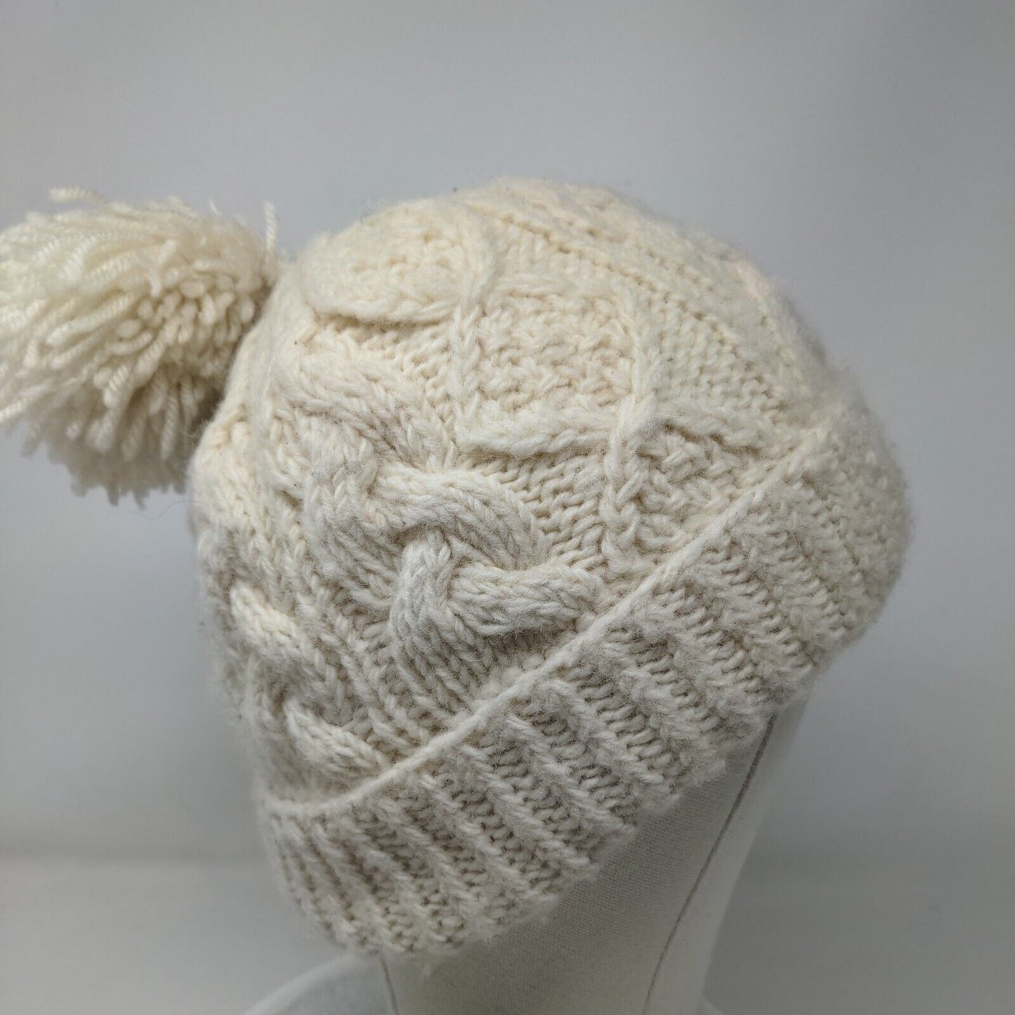 Aran Leather Patch Ribbed Cable Knit Pom Pom Beanie Hat Cream One Size