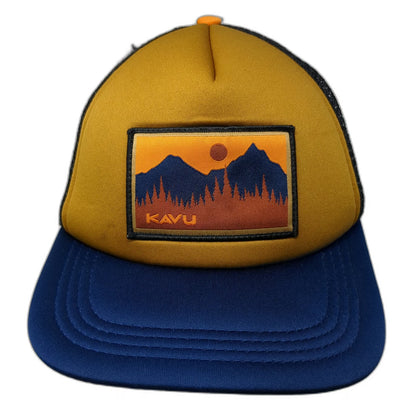 KAVU Trucker Hat Yellow Blue One Size Mesh Snapback Foam Landscape Mountain